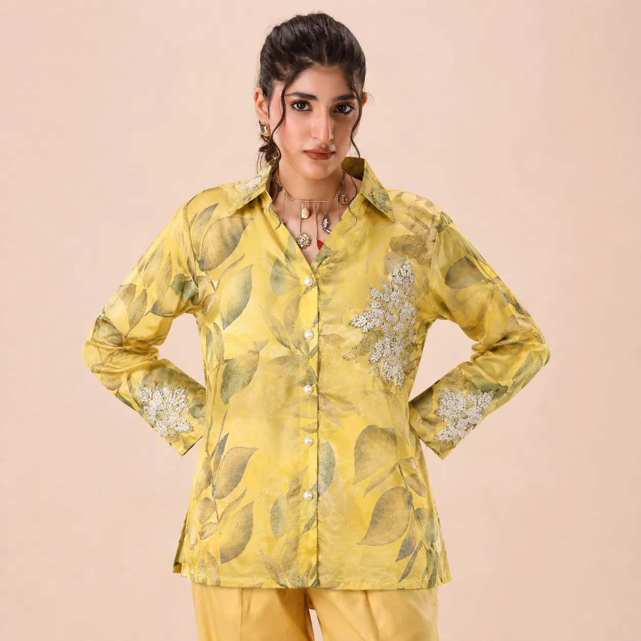 Mustard Yellow Leaf Printed Shirt with Embroidered Detail